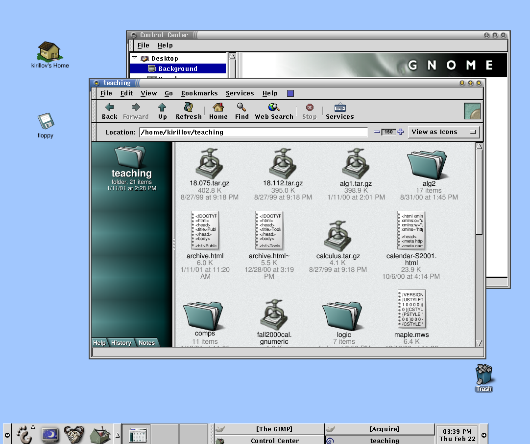 1999年のGNOME 1.0。パネル、ファイルマネージャー、コントロールセンターを備え、KDEとは別の道で「一式揃ったデスクトップ」を作ろうとしていた